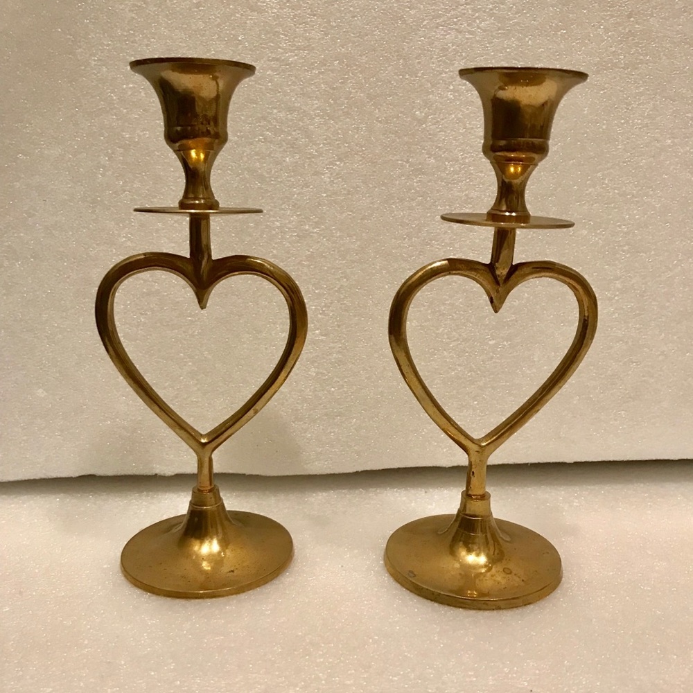 2 VINTAGE BRASS Heart Shaped Candle Holders